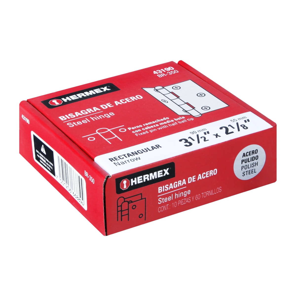 Bisagra rectangular 3-1/2'' acero pulido. cabeza media bola. hermex (Caja de 10 unidades)4