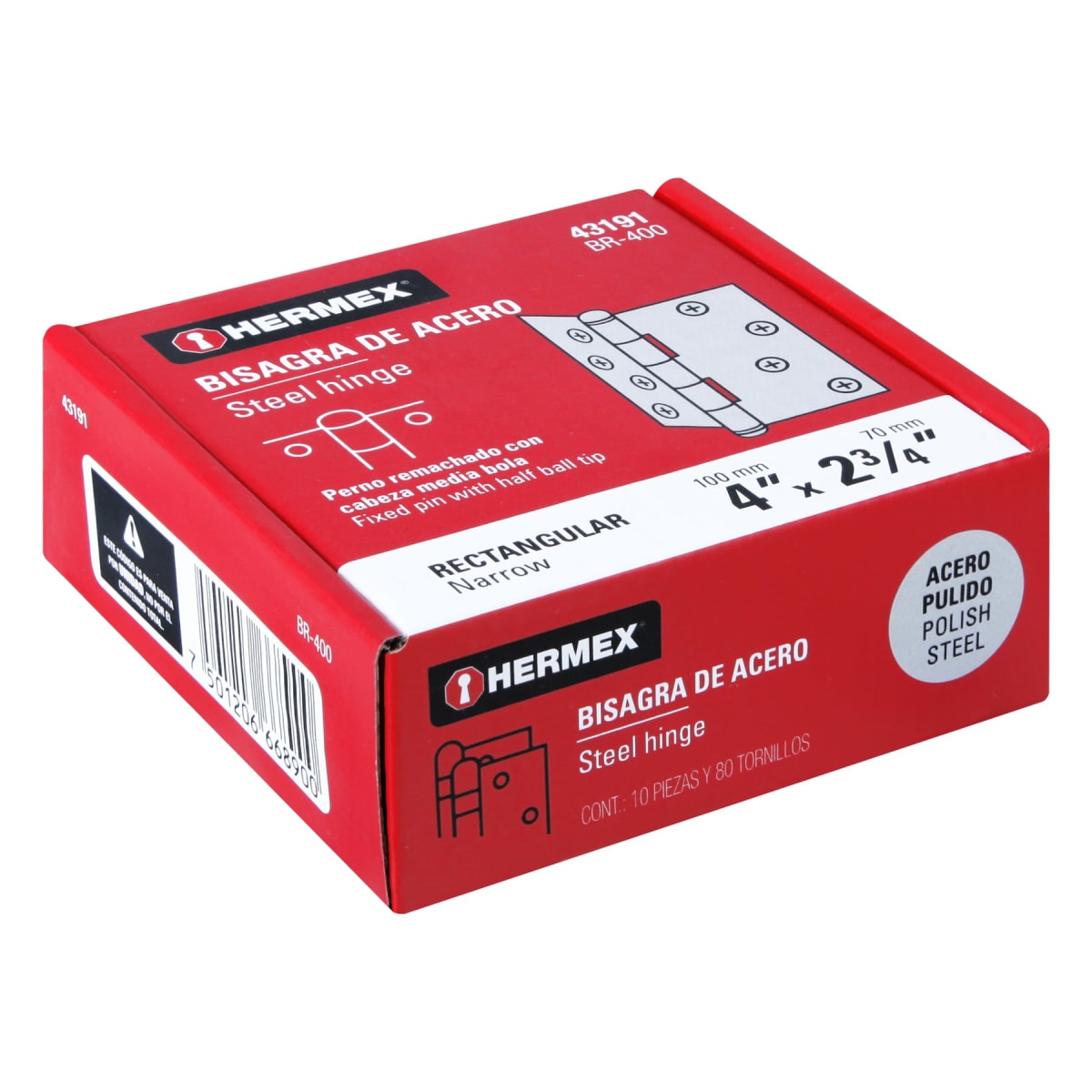 Bisagra rectangular 4´´ acero pulido, cabeza media bola, Hermex (Caja de 10 unidades)4