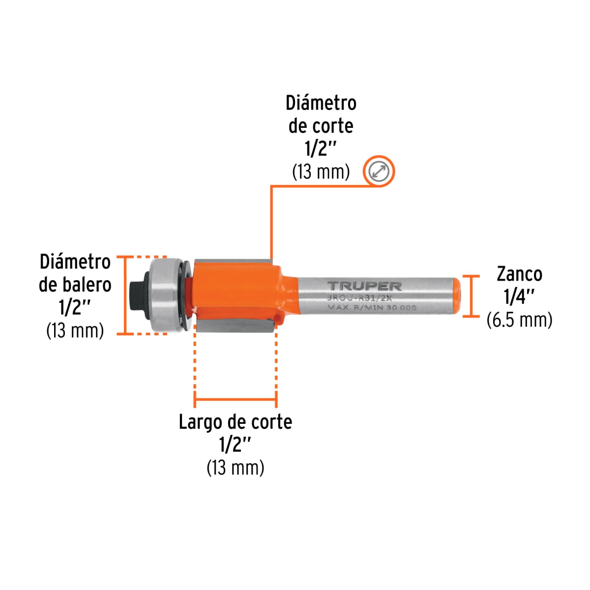 Fresa corte recto, 1/2´´ con rodaje, Truper3
