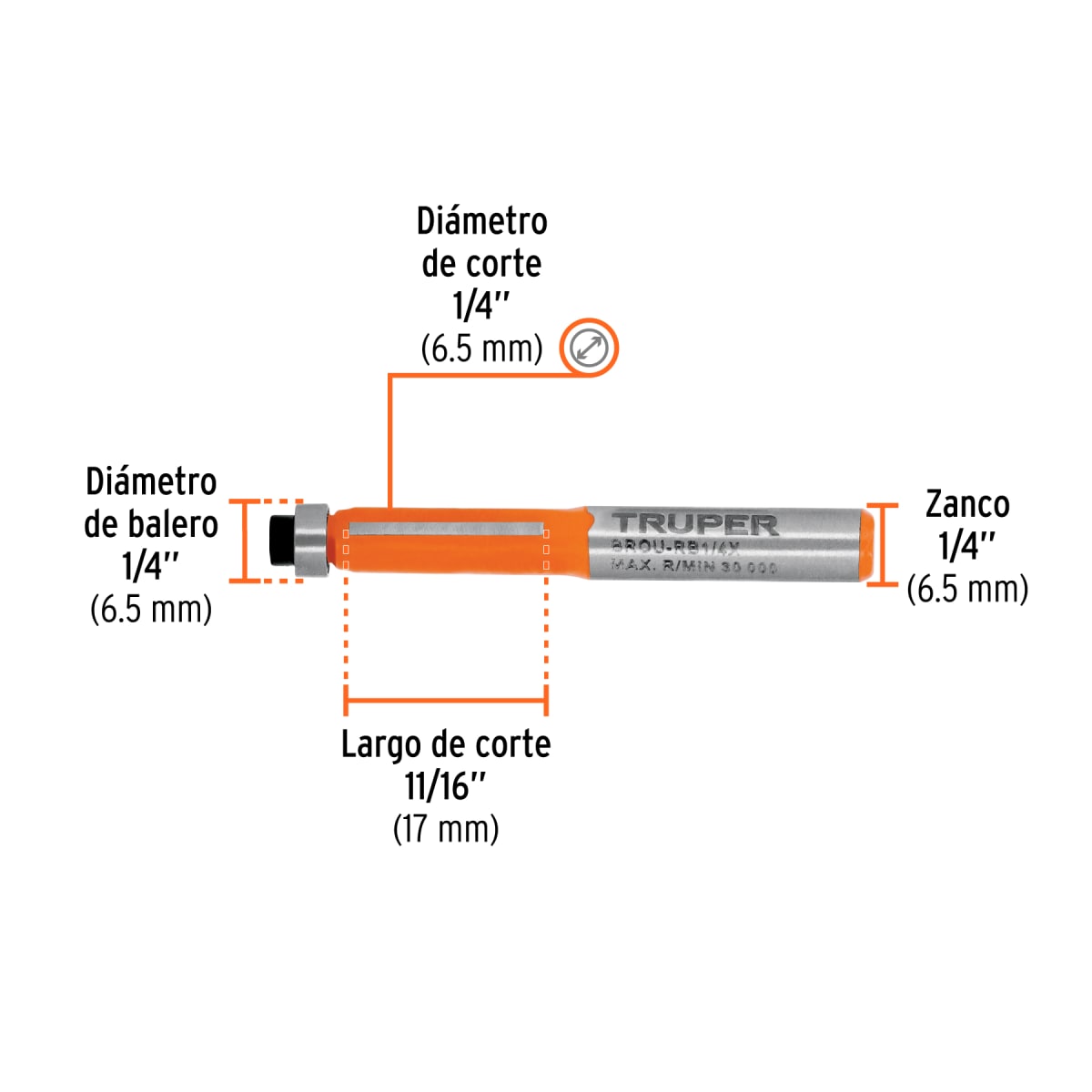 Broca para router, corte recto, 1/4' con balero, Truper3