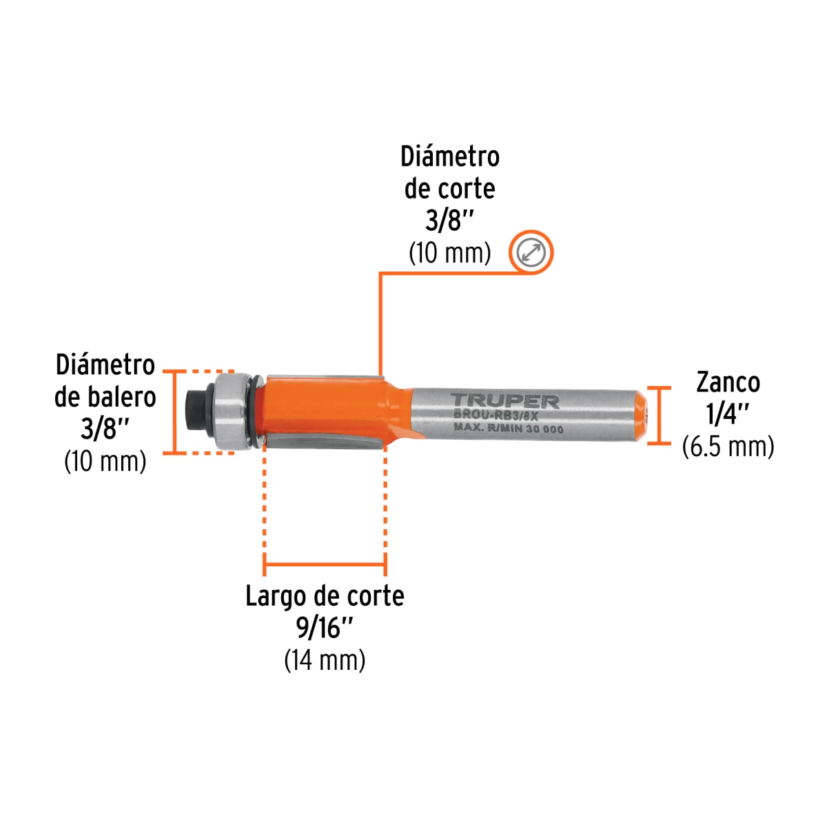 Broca para router, corte recto, 3/8' con balero, Truper3
