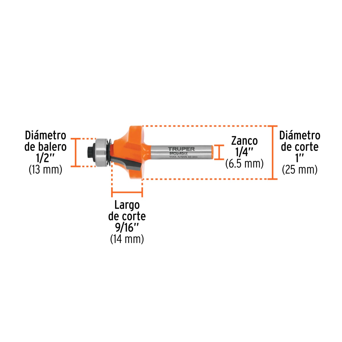 Fresa redondeadora, 1´´ con rodaje, Truper3