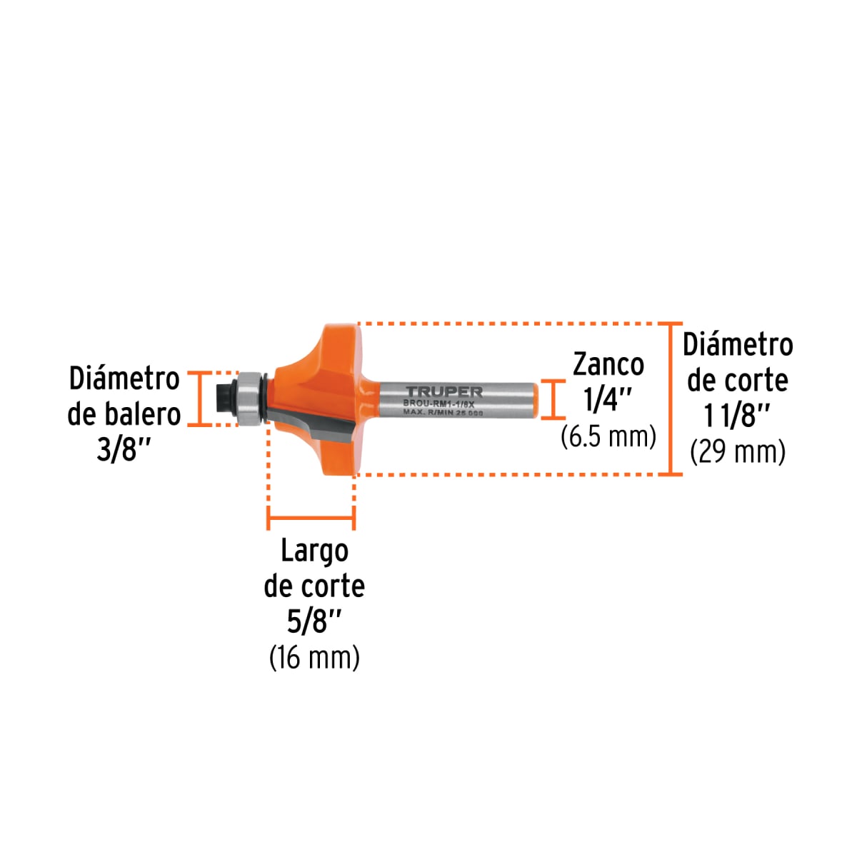 Broca para router, redondeado con moldura, 1-1/8´´ con balero Truper3