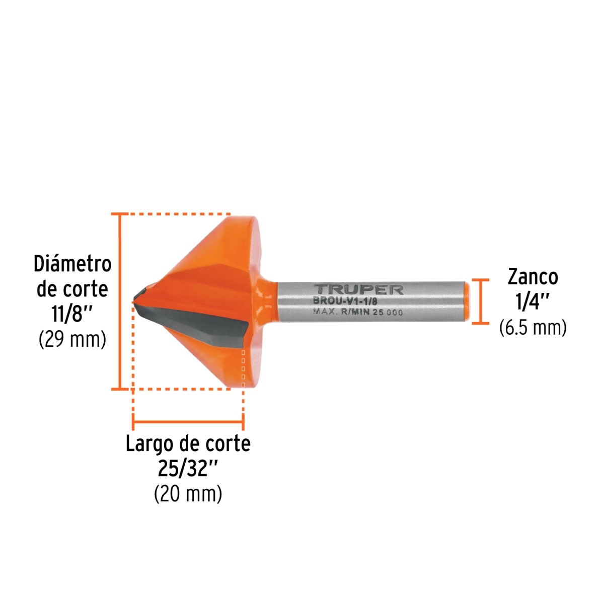 Broca para router, corte en 'V', 1-1/8', Truper3