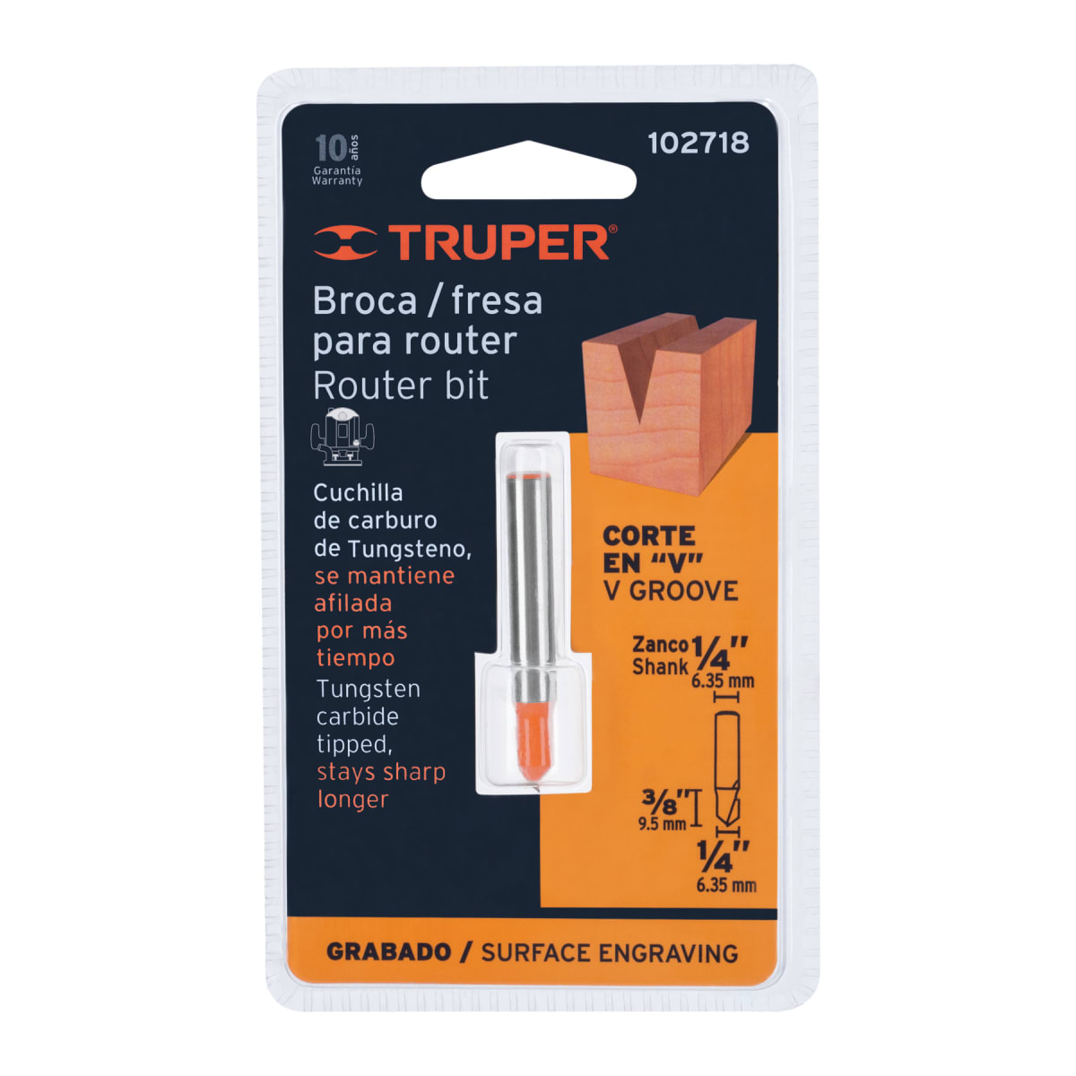 Broca para router, corte en 'V', 1/4', Truper4