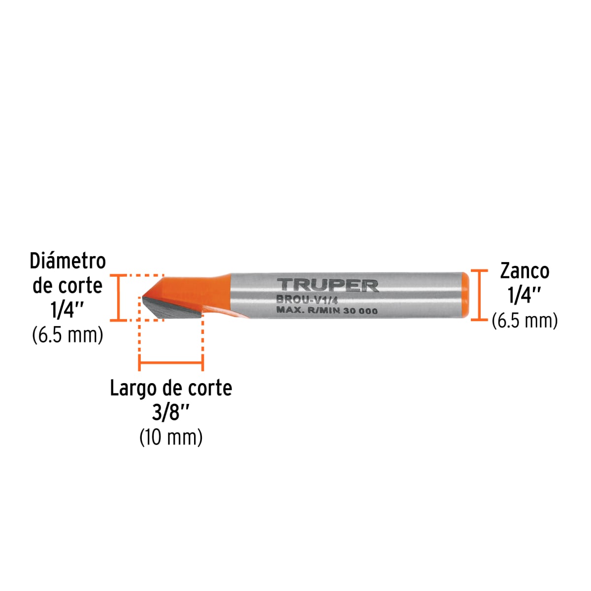 Broca para router, corte en 'V', 1/4', Truper3