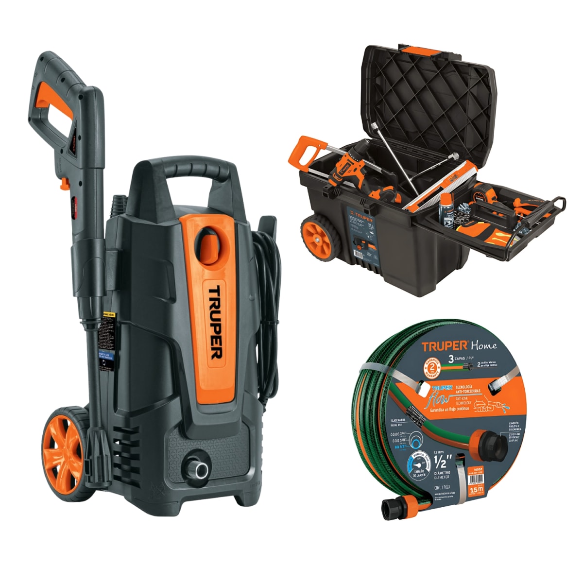 Hidrolavadora + manguera 15m con caja de herramientas con ruedas Truper1