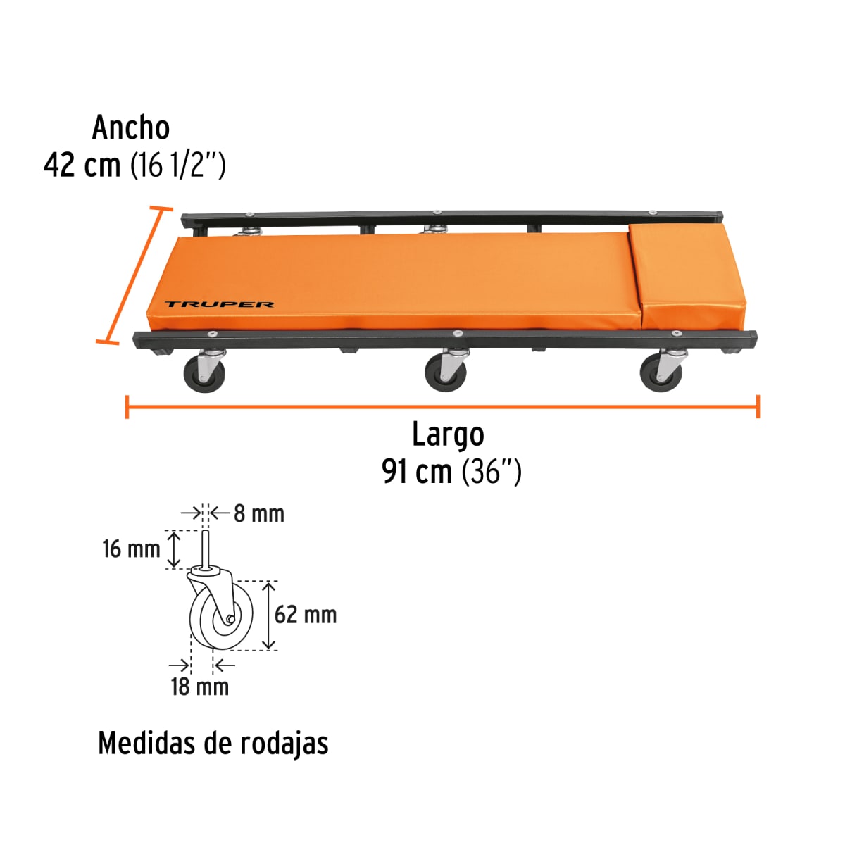 Cama de acero 36´´ para mecánico, Truper3
