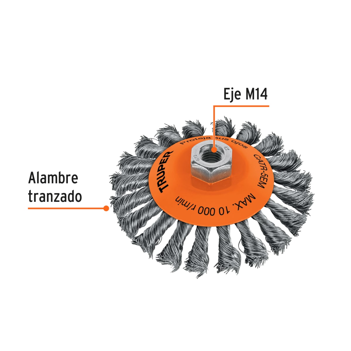 Escobilla tipo plato 5´´ alambre trenzado, eje M14, Truper2