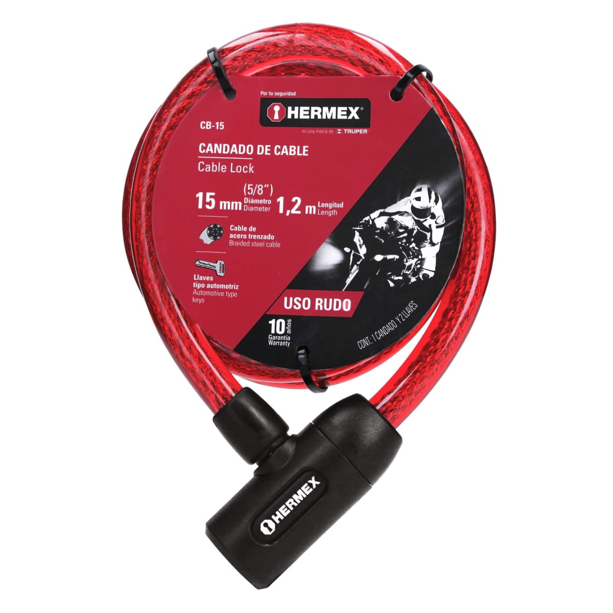 Candado de cable con llave 15mm x 1.20 m para bicicleta hermex3