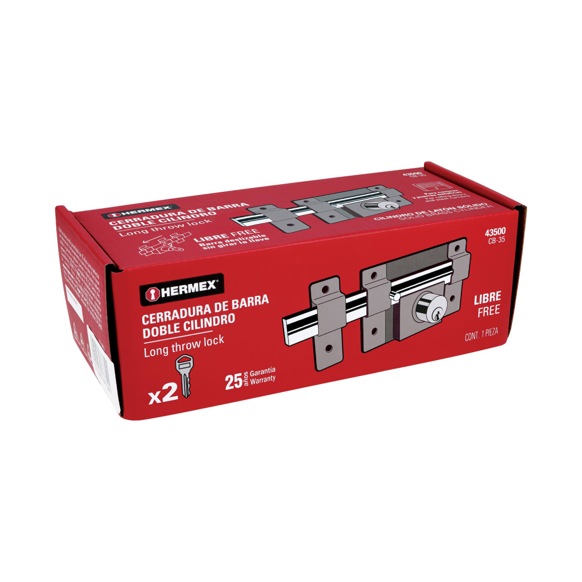 Chapa cerradura de barra libre doble cilindro Hermex6