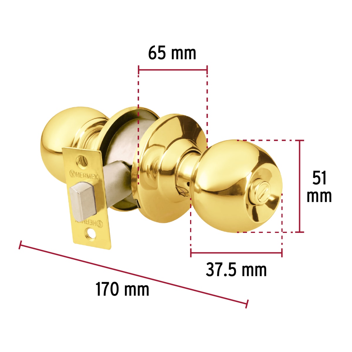 Cerradura tipo esfera para baño, latón brillante, Hermex4