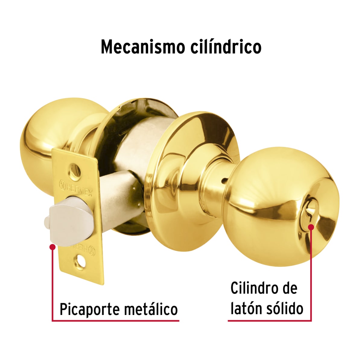 Cerradura tipo esfera para entrada, latón brillante, Hermex3