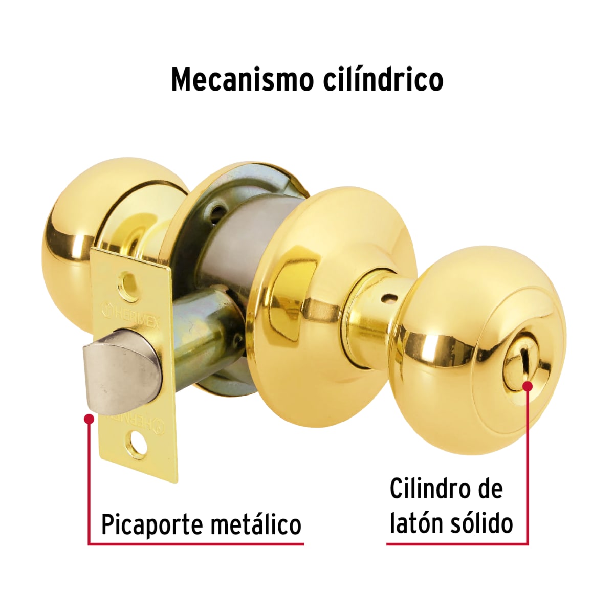 Cerradura pomo, latón brillante, oval, baño Hermex3