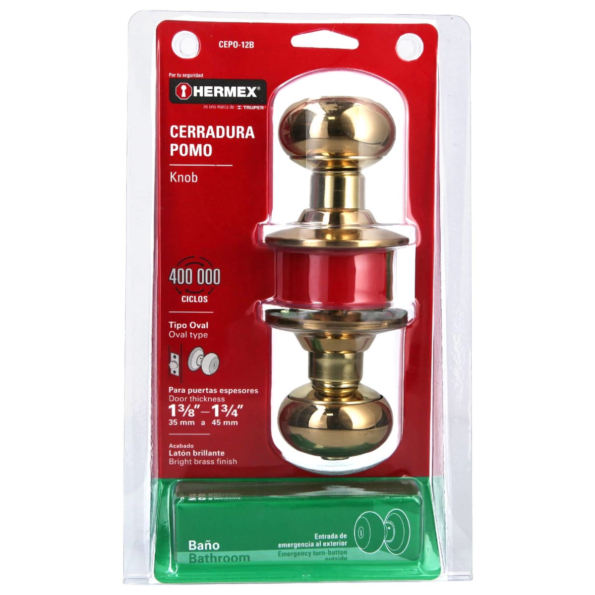 Cerradura pomo, latón brillante, oval, baño Hermex6
