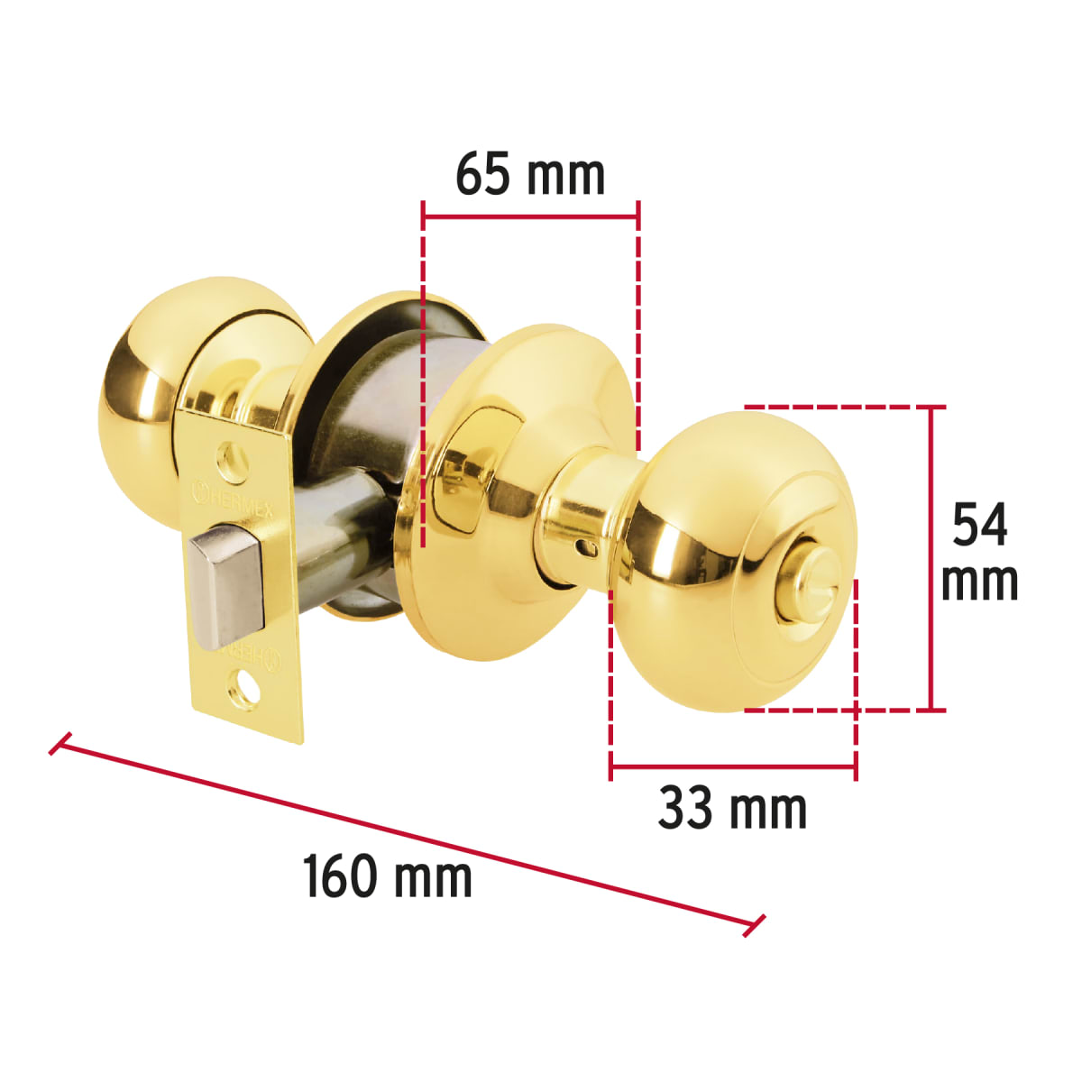 Cerradura pomo, latón brillante, oval, baño Hermex4