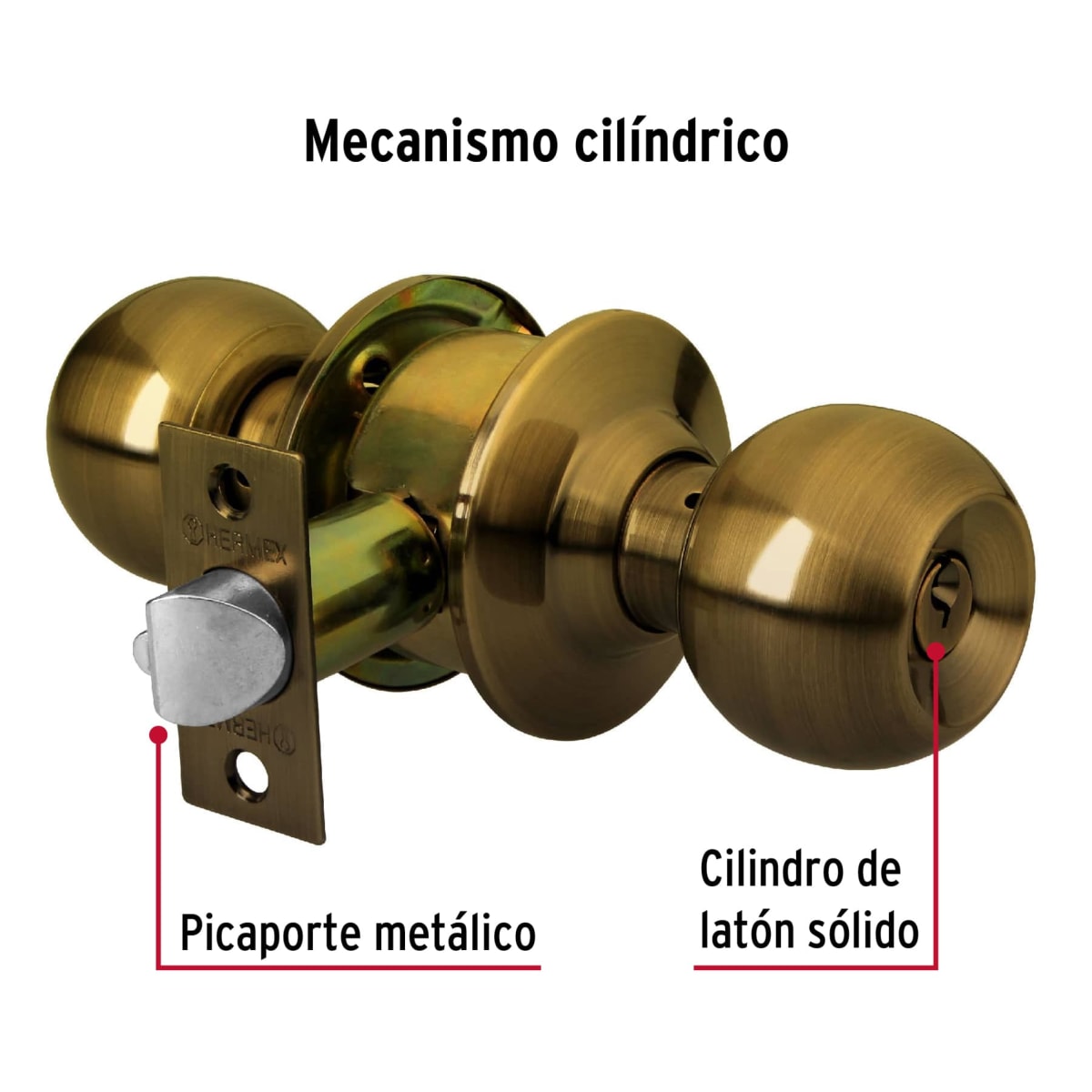 Cerradura tipo esfera para recámara, latón antiguo, Hermex3