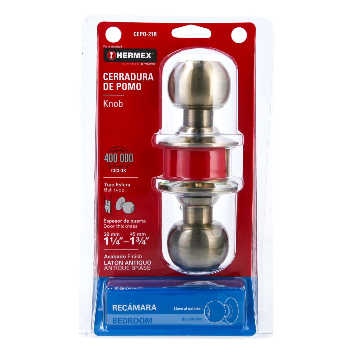 Cerradura tipo esfera para recámara, latón antiguo, Hermex7