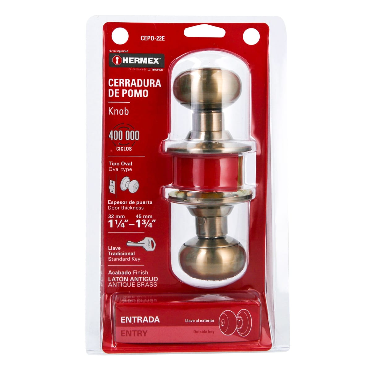 Cerradura pomo, latón antiguo, oval, entrada Hermex7