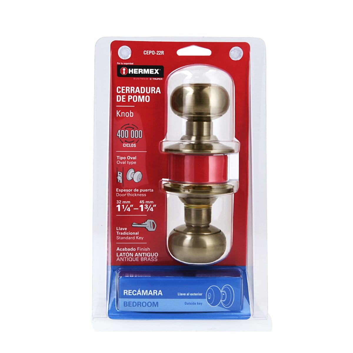 Cerradura pomo, latón antiguo, oval, recámara Hermex7