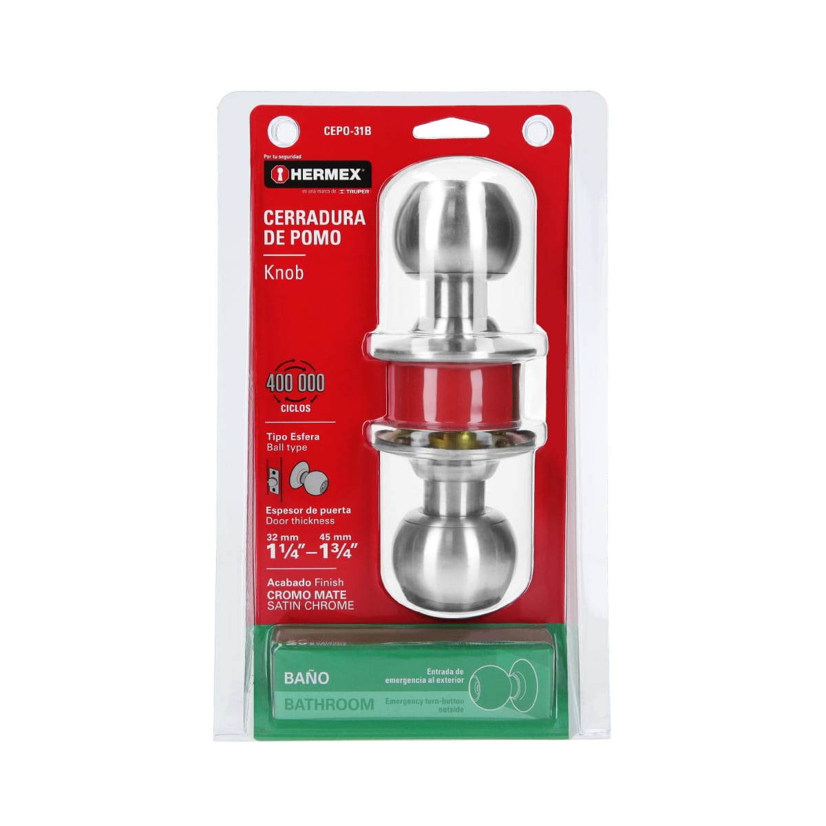 Cerradura tipo esfera para baño, cromo mate, Hermex6