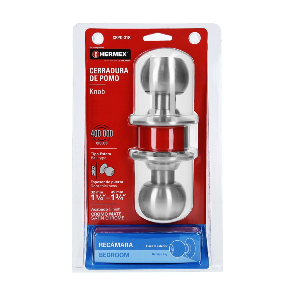 Cerradura tipo esfera para recámara cromo mate Hermex7