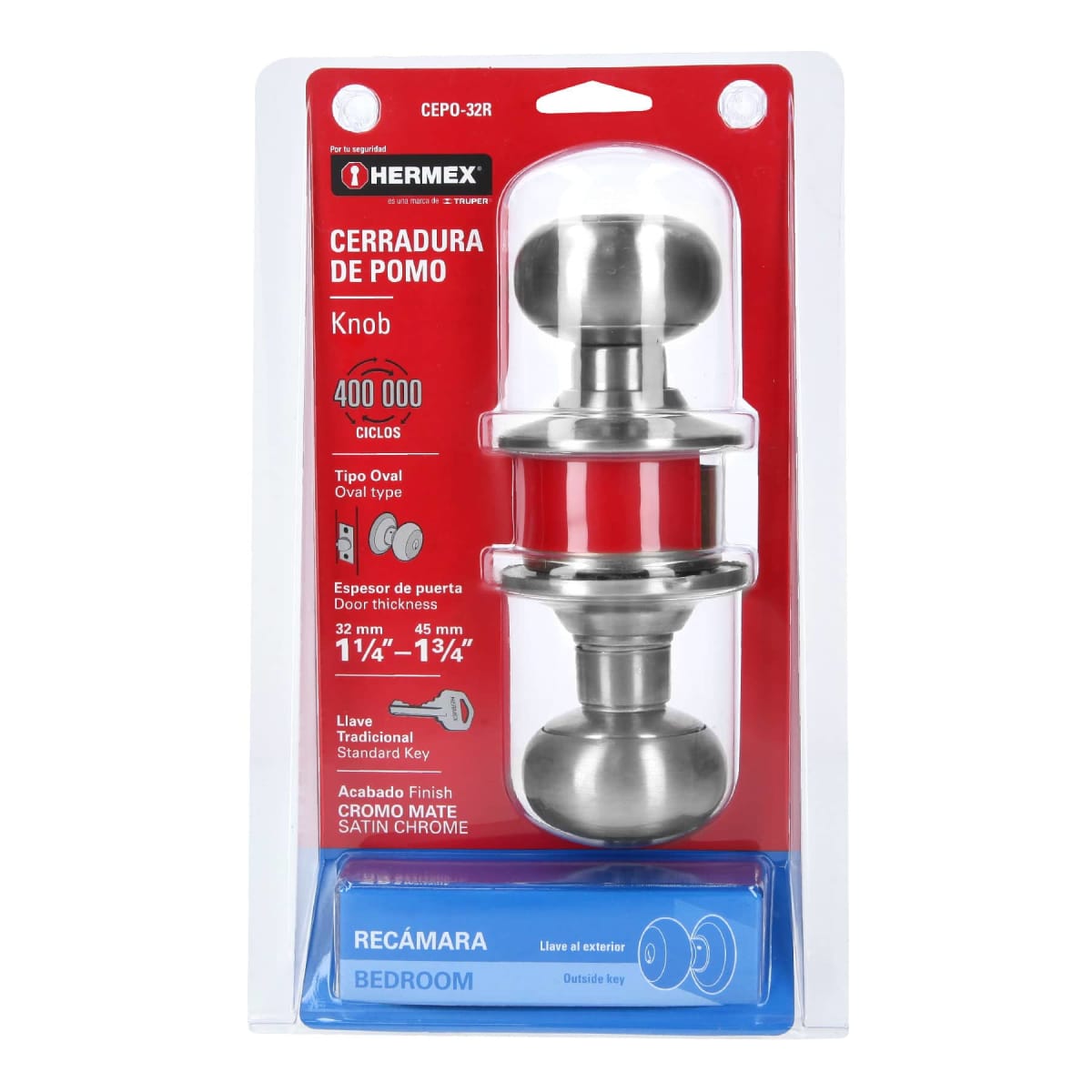 Cerradura tipo oval para recámara, cromo mate, Hermex7