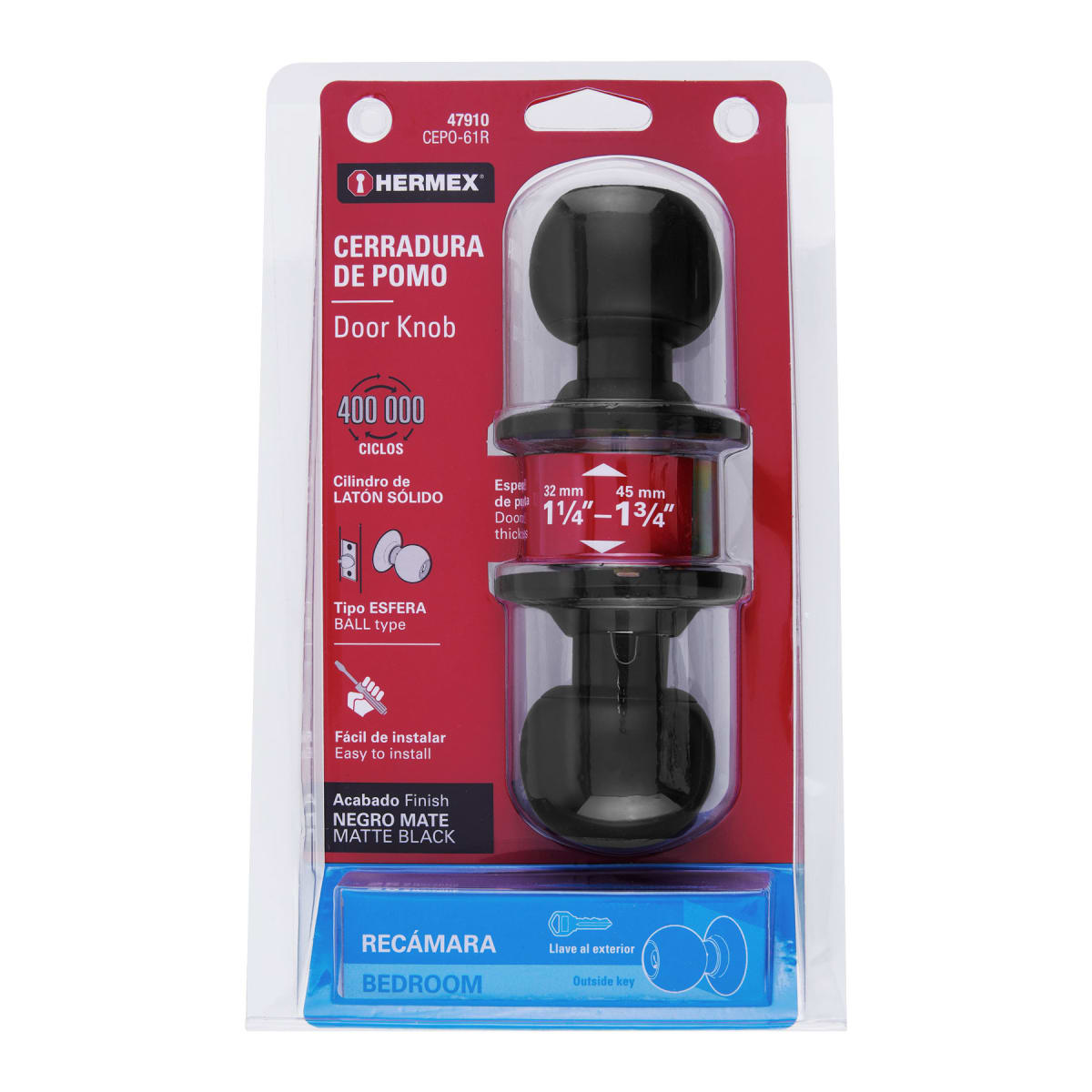 Cerradura pomo, negro, esfera, recámara, hermex7