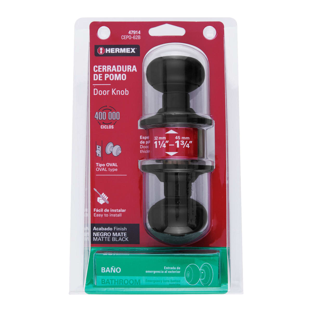 Cerradura pomo, negro, oval, baño, Hermex6