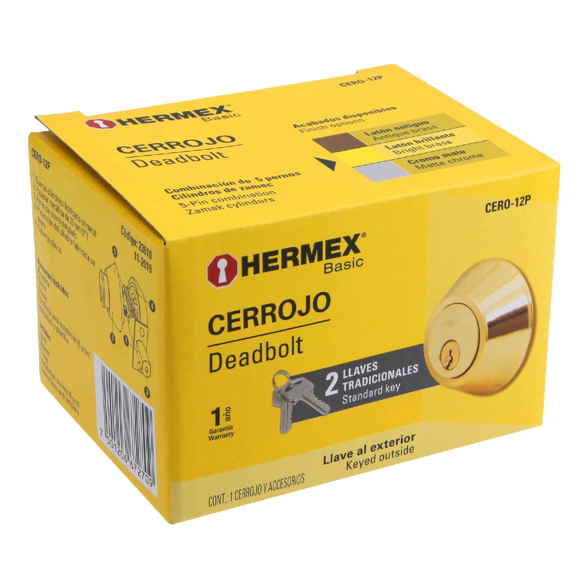 Chapa cerrojo cilindrico laton brillante Hermex7