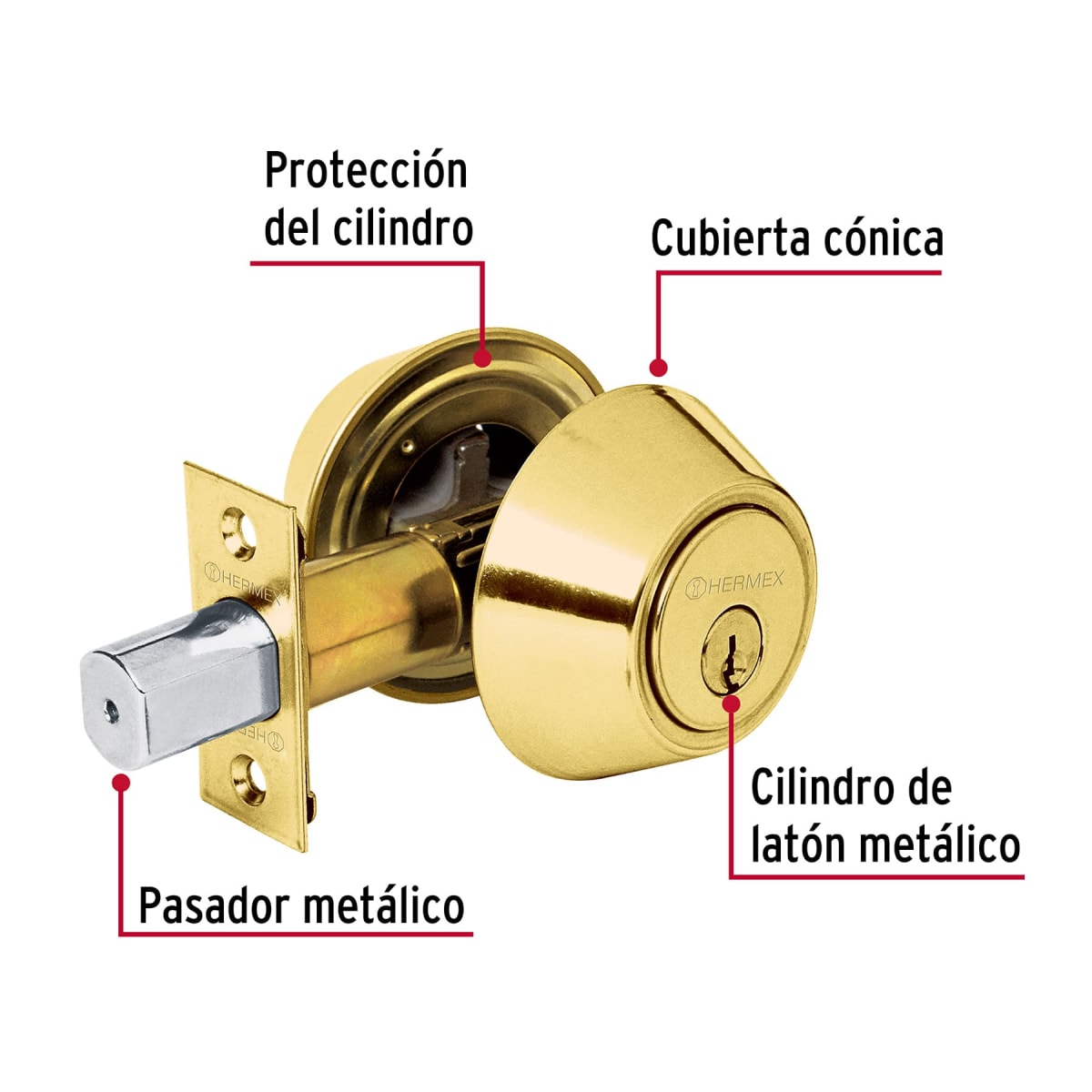 Chapa cerrojo cilindrico laton brillante Hermex4