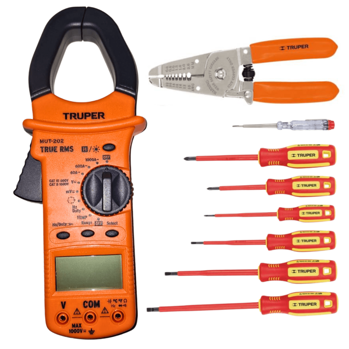 Kit pinza amperimetrica, desarmadores 1000V y alicate truper1