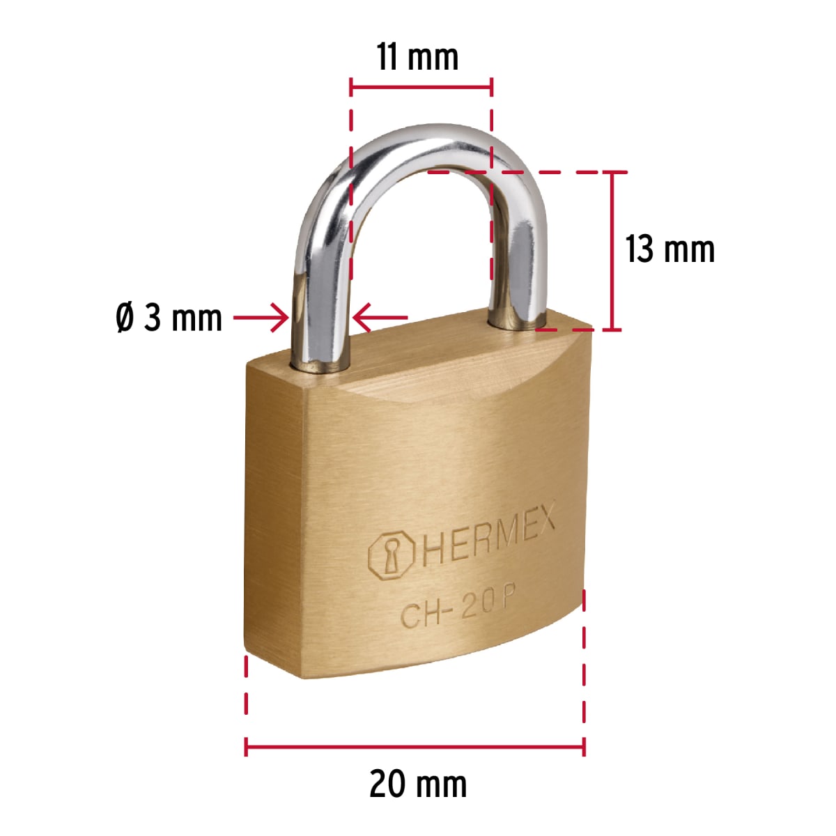 Candado de hierro color latón 20 mm arco normal, caja, Basic Hermex3