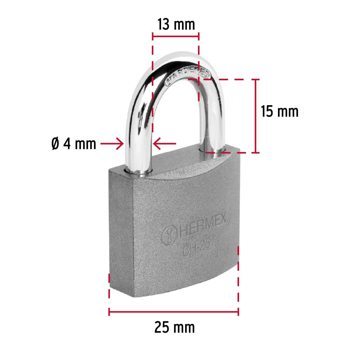 Candado de hierro 25 mm arco normal en caja, Hermex4