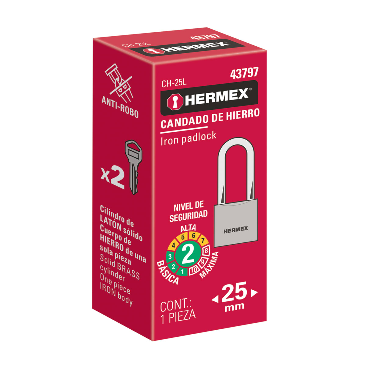 Candado de hierro 25 mm arco largo en caja, Hermex5