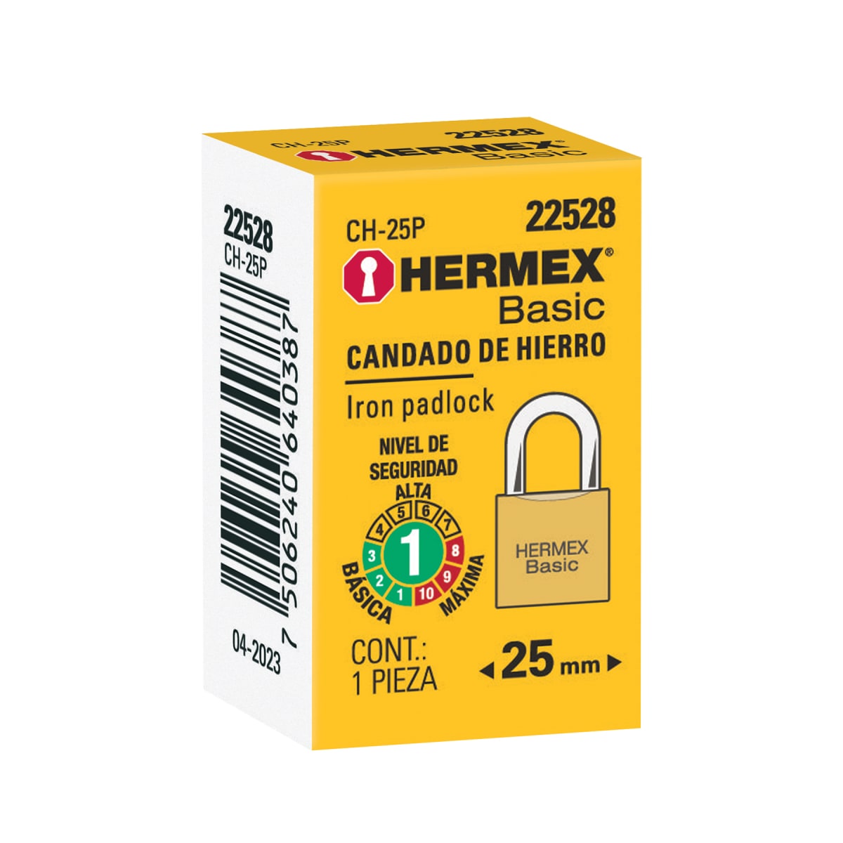 Candado de hierro color latón 25 mm arco normal, caja, Basic Hermex6