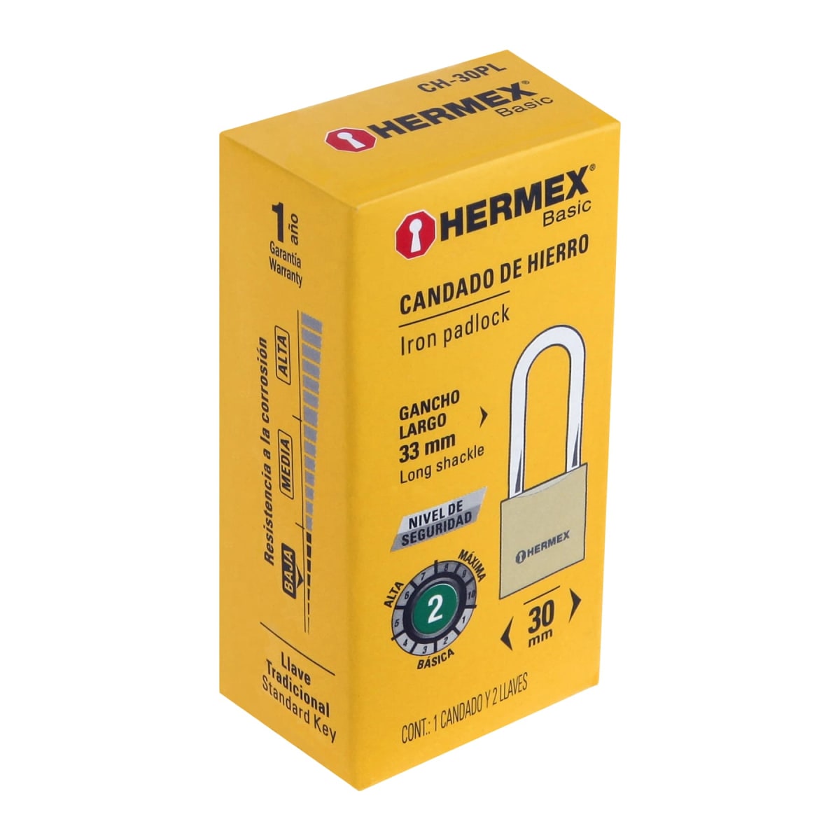 Candado de hierro color latón 30 mm arco largo, caja, Basic Hermex6