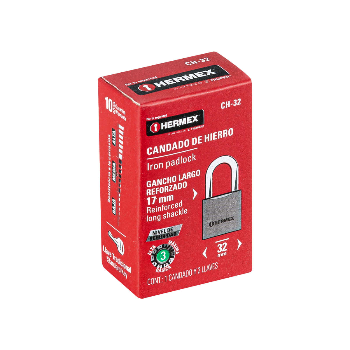 Candado de hierro 32 mm arco normal en caja. hermex5