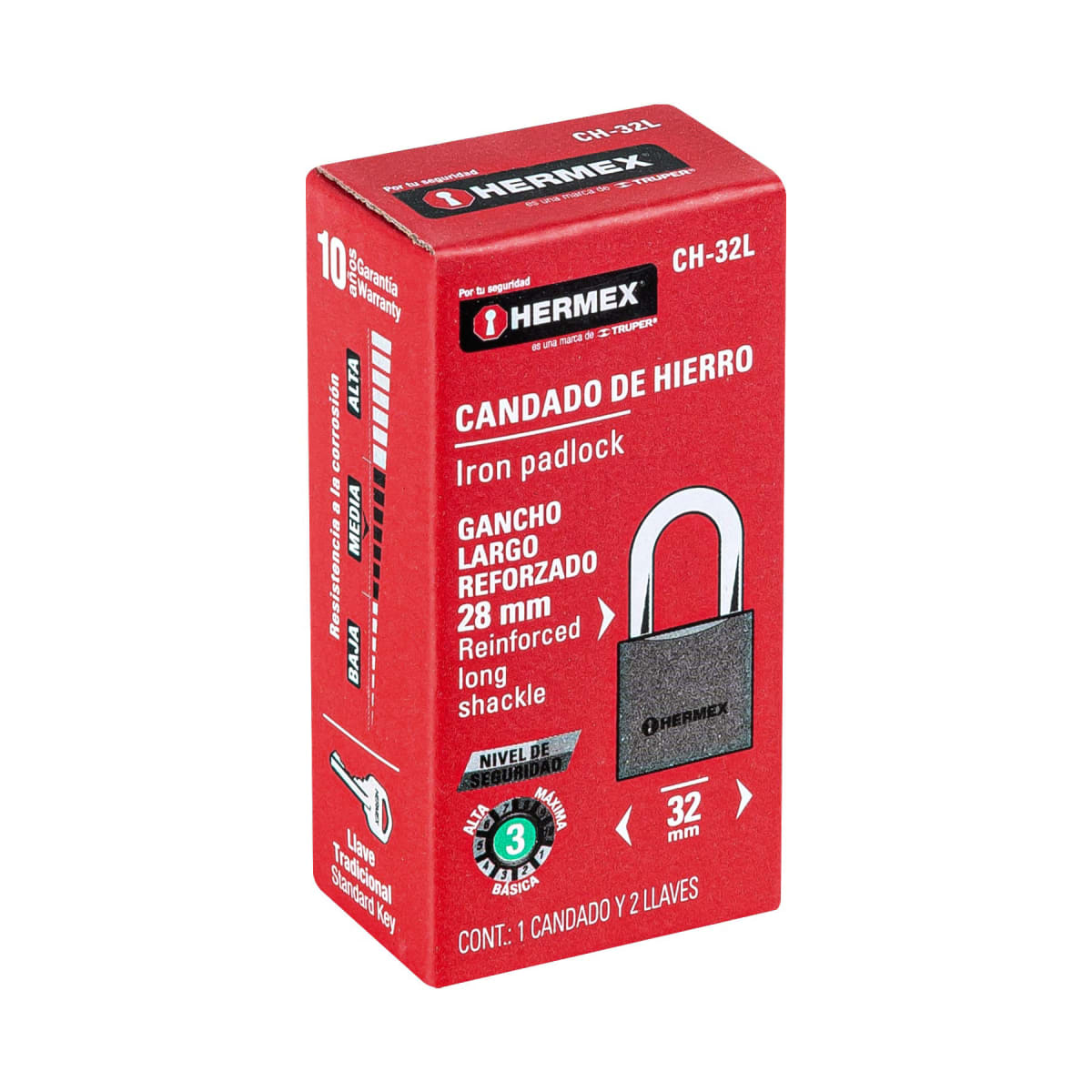 Candado de hierro 32 mm arco largo en caja, Hermex5