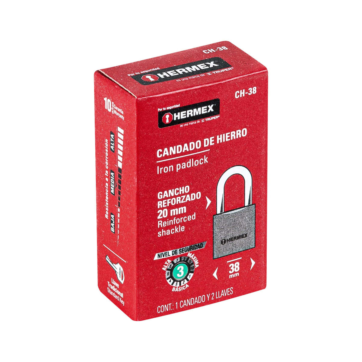 Candado de hierro 38 mm arco normal en caja. hermex5