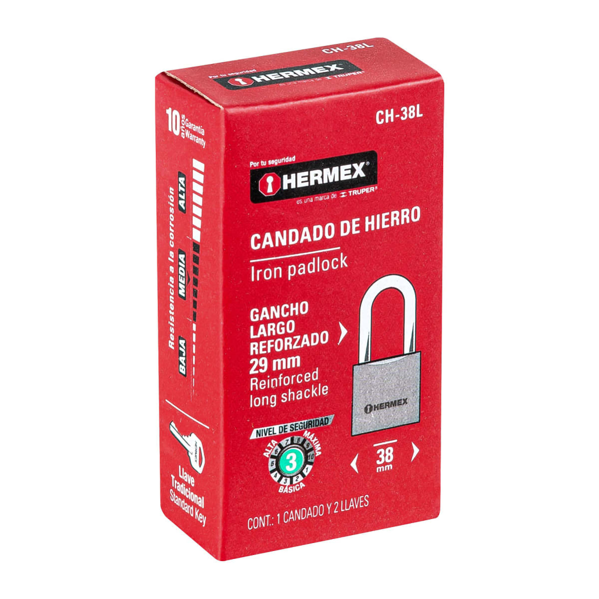 Candado de hierro 38 mm arco largo en caja, Hermex5
