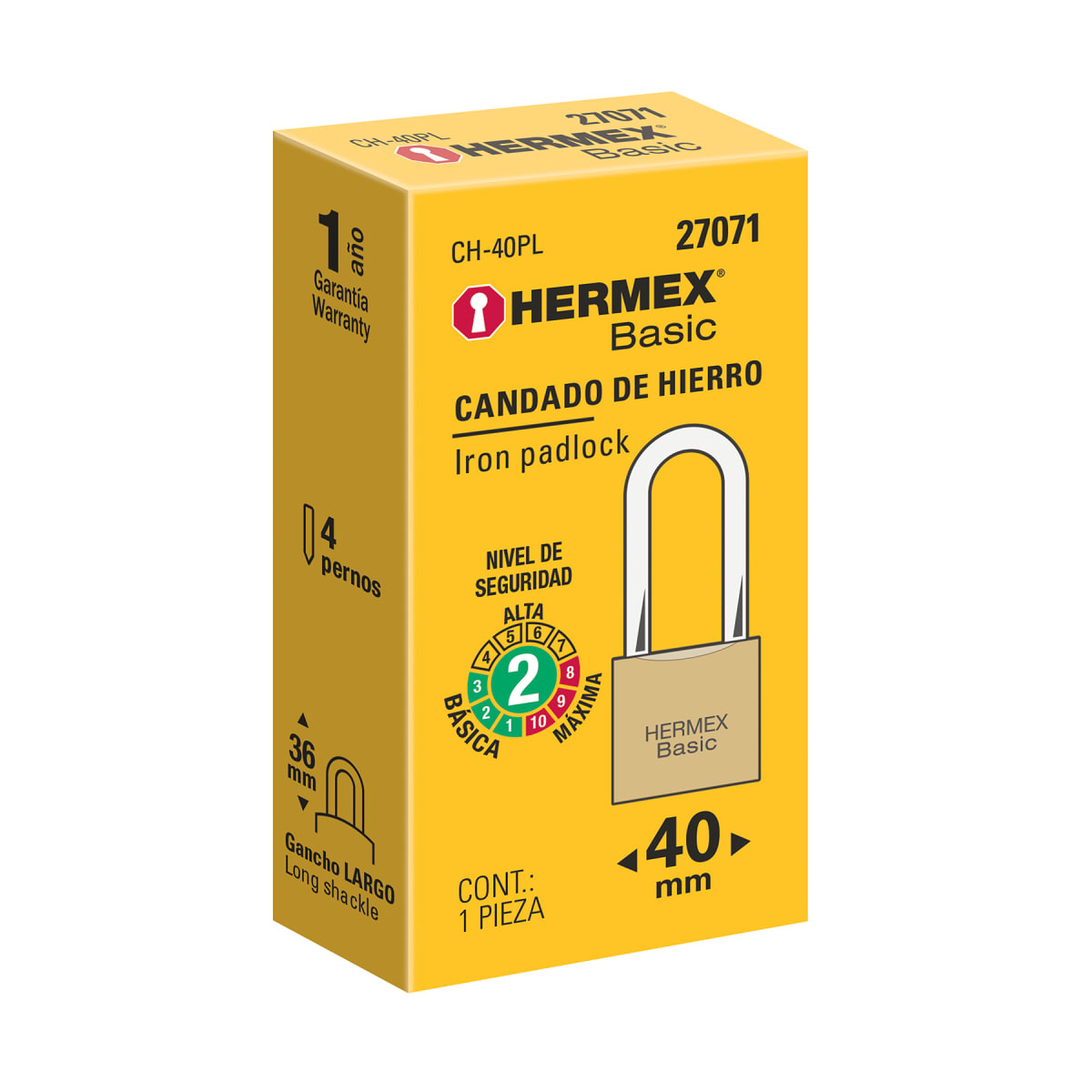 Candado de hierro color latón 40 mm arco largo, caja, Basic Hermex6