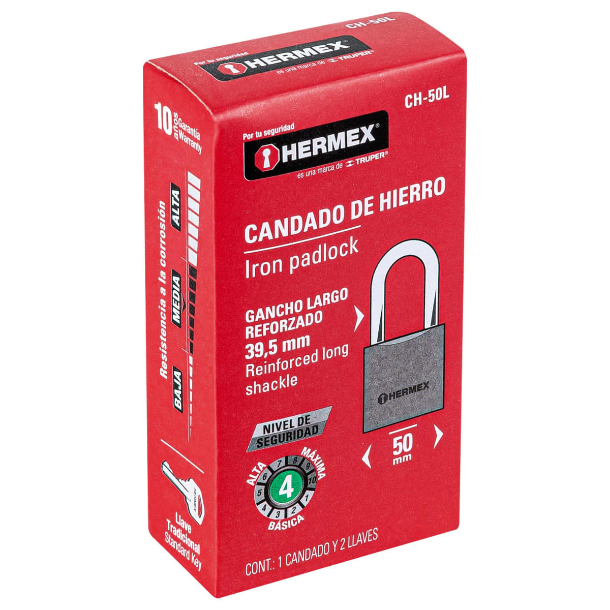 Candado de hierro 50 mm arco largo en caja, Hermex6