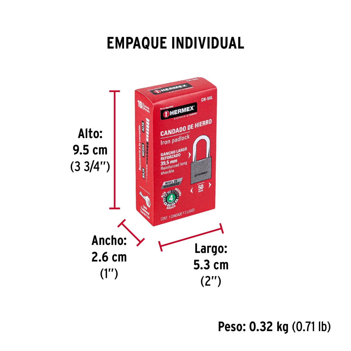 Candado de hierro 50 mm arco largo en caja, Hermex7