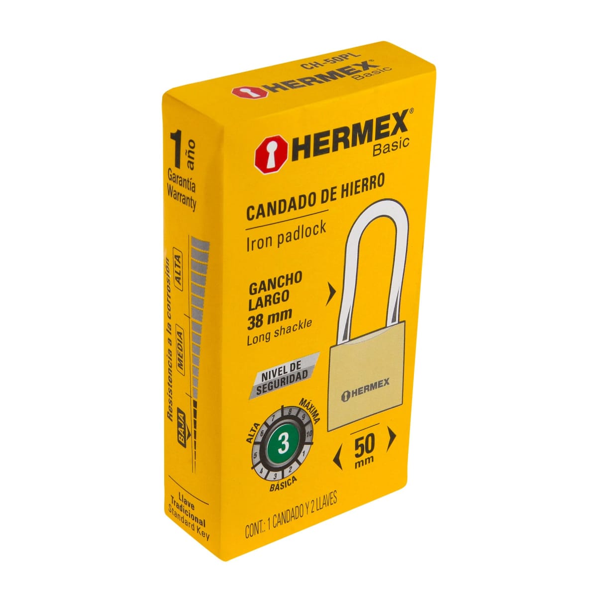 Candado de hierro color latón 50 mm arco largo, caja, Basic Hermex6