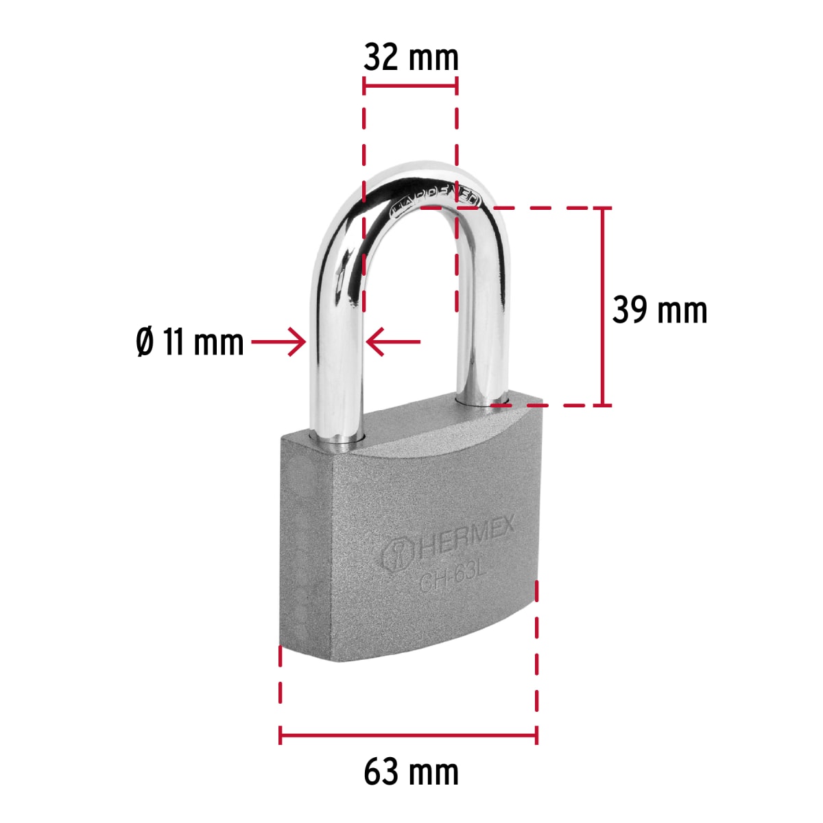 Candado de hierro 63 mm arco largo en caja, Hermex4