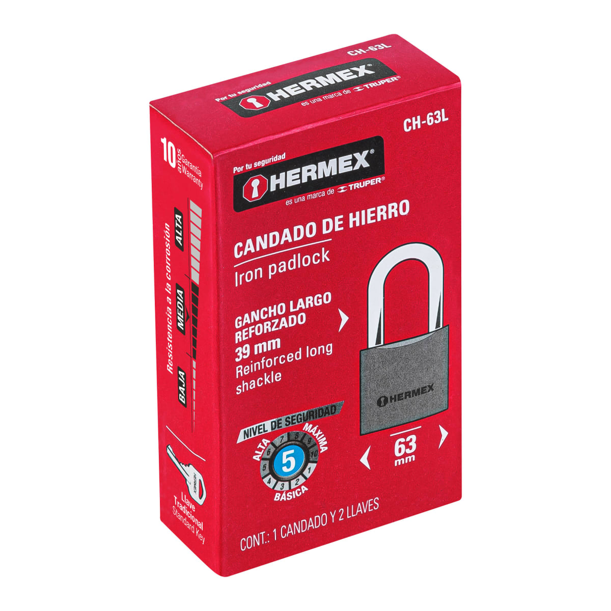 Candado de hierro 63 mm arco largo en caja, Hermex6