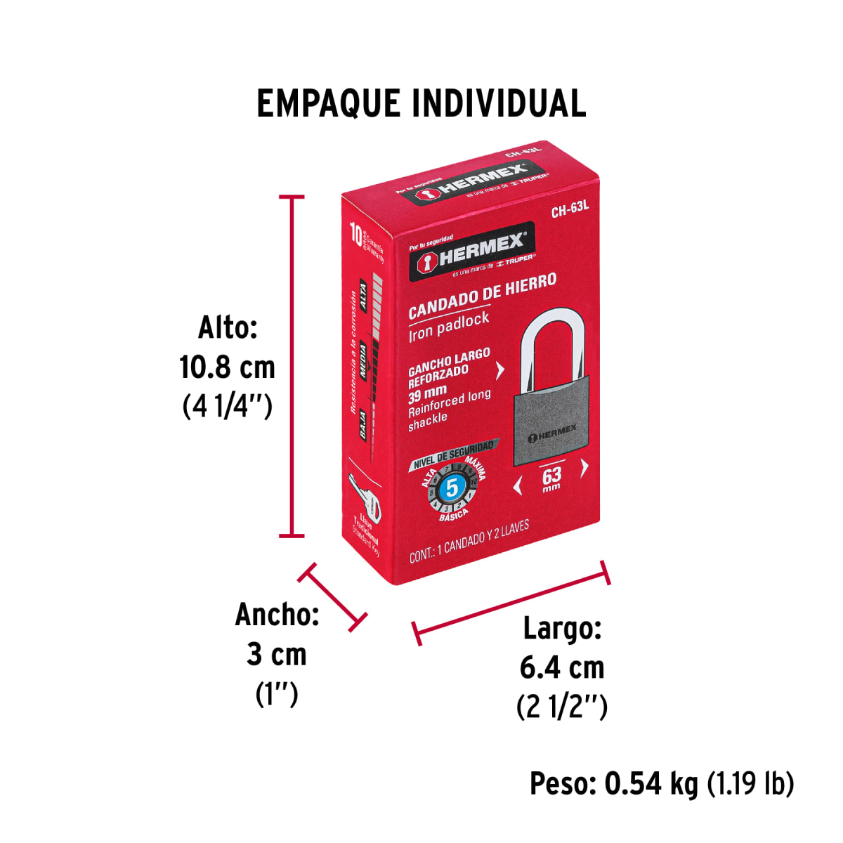 Candado de hierro 63 mm arco largo en caja, Hermex7