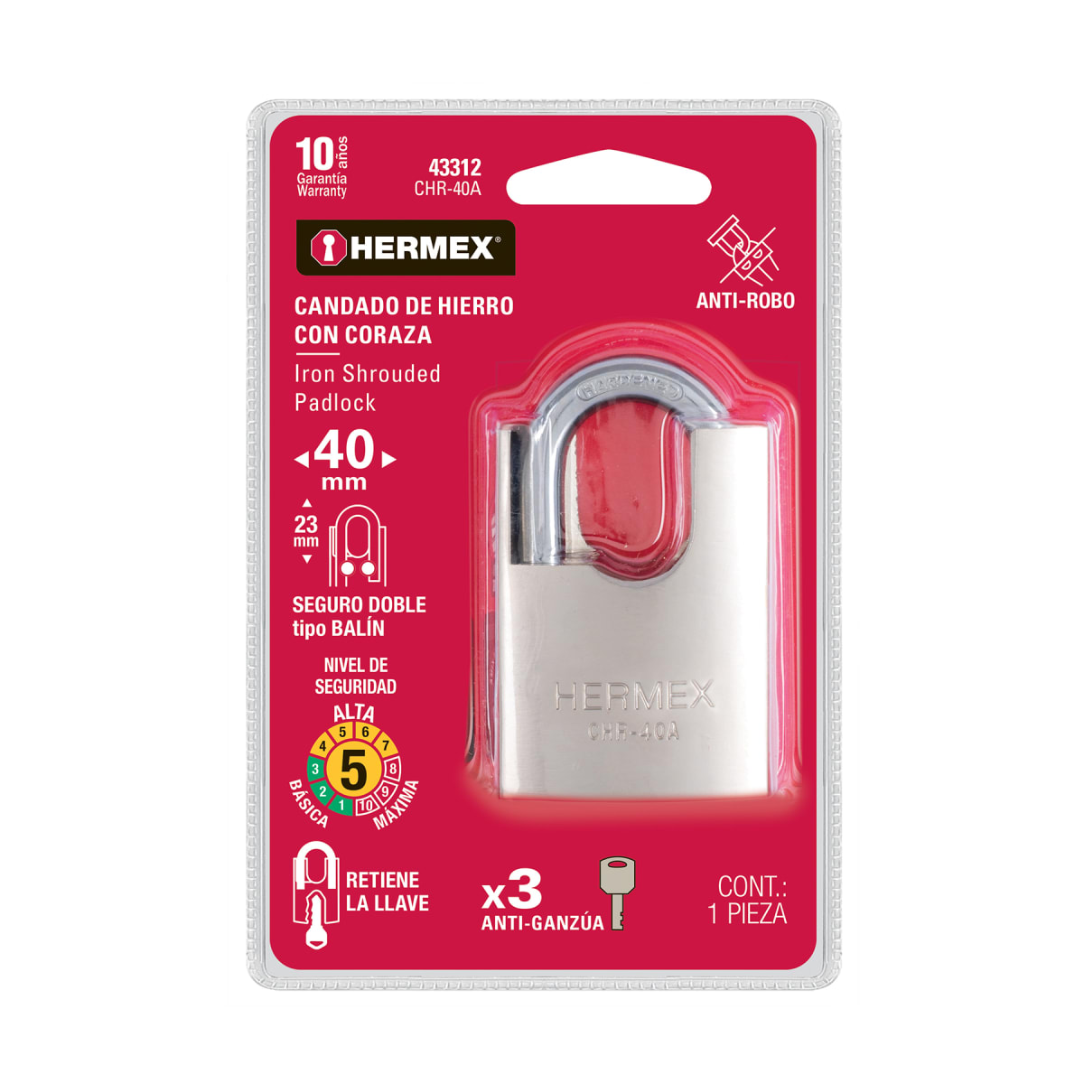 Candado 40 mm cuerpo acorazado de hierro, llave anti-ganzúa Hermex6