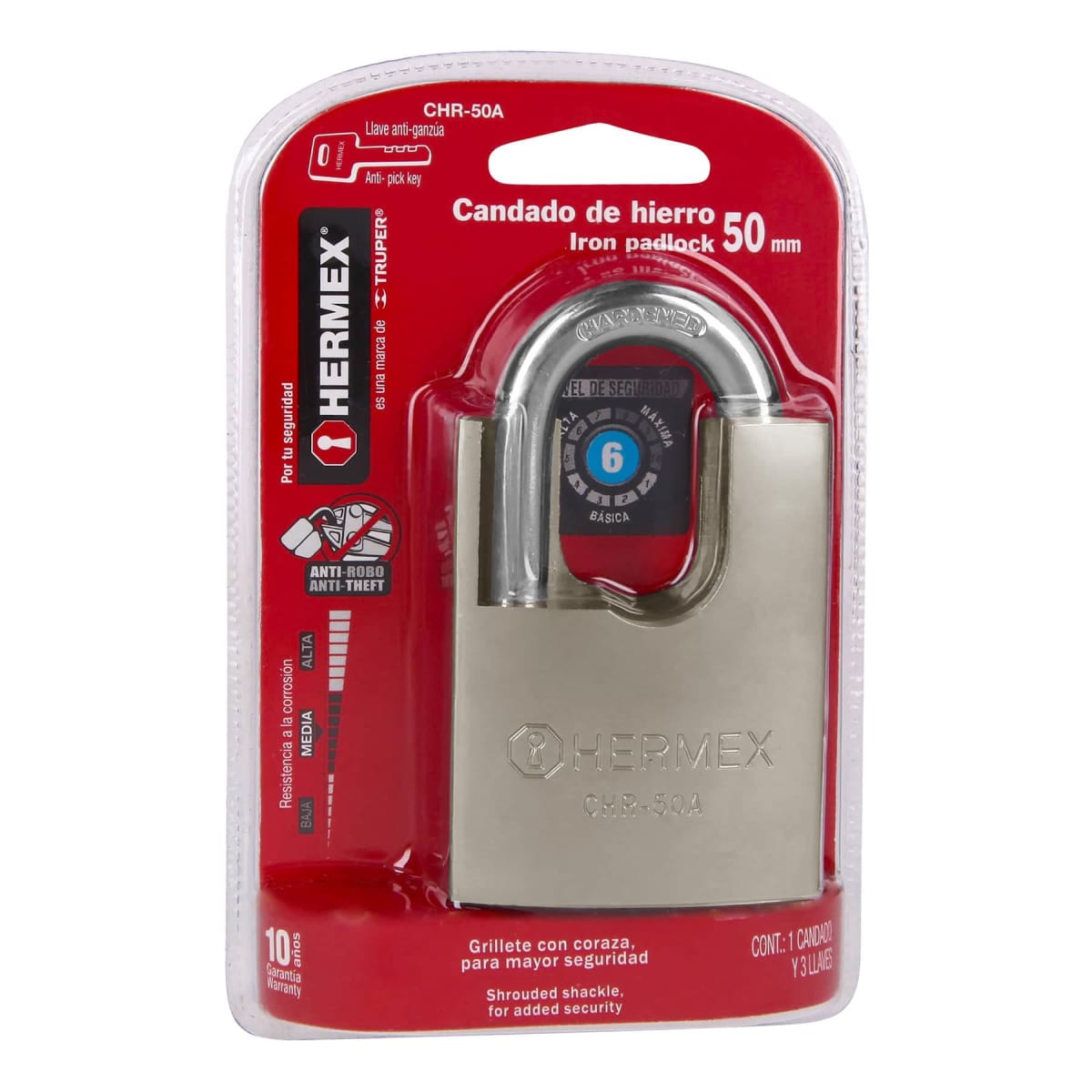 Candado 50 mm cuerpo acorazado de hierro, llave anti-ganzúa Hermex6
